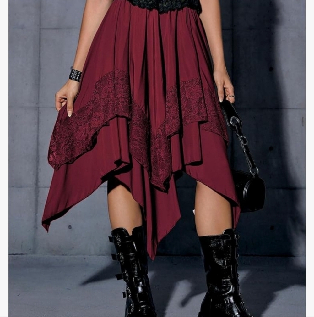 Burgundy Asymmetrical Hi Low Skirt With Lace Detail - Picture 5 of 16